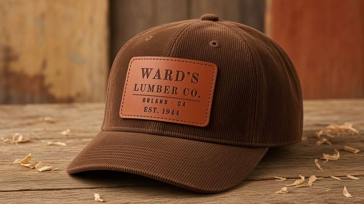 Ember Cord: brown corduroy cap with rust leather patch