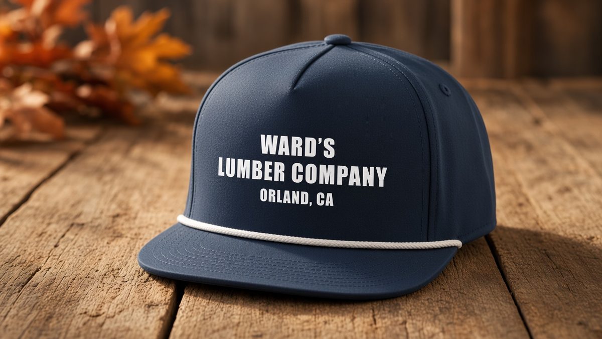 Yard Rope Snapback: navy rope hat with white Ward's Lumber Company embroidery